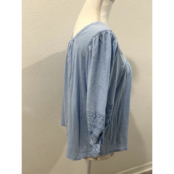 Lucky Brand Womens Sz Large Blouse Top Blue Square Neck 100% Cotton Short Sleeve - Picture 5 of 7